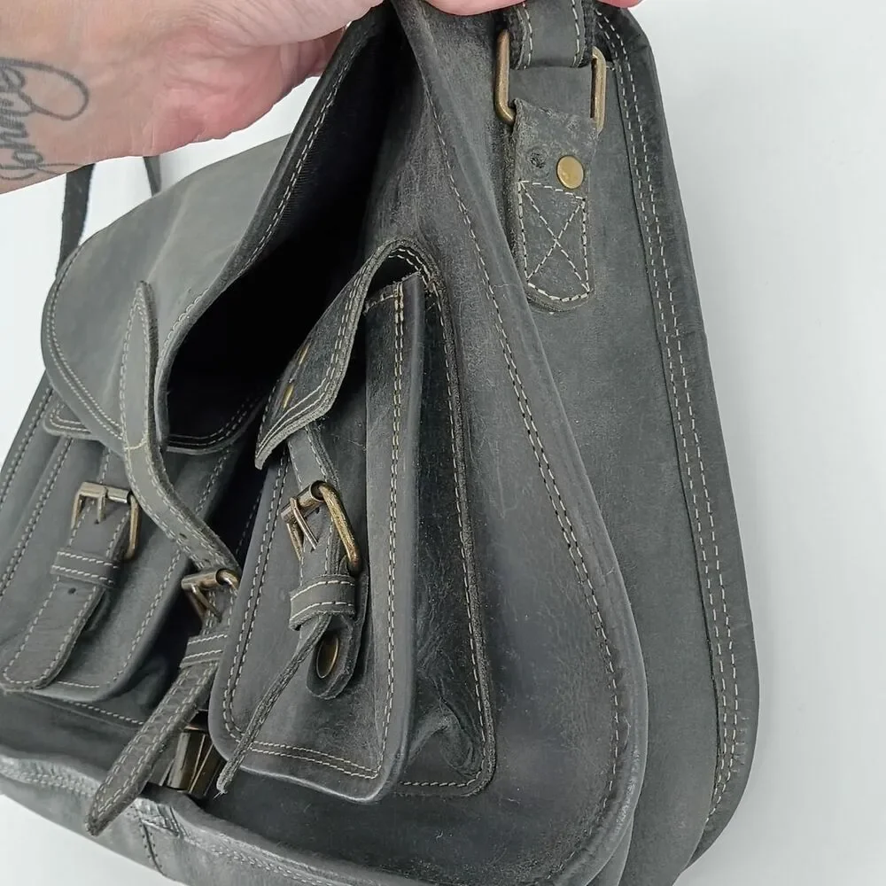 KomalC Genuine Leather Crossbody Satchel Black Distressed Buckle Messenger Bag